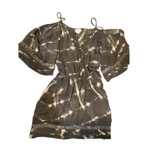 Parker Brown 100% Silk Tie-Dye Blouson Off Shoulder Sleeve Mesh Short Dress L